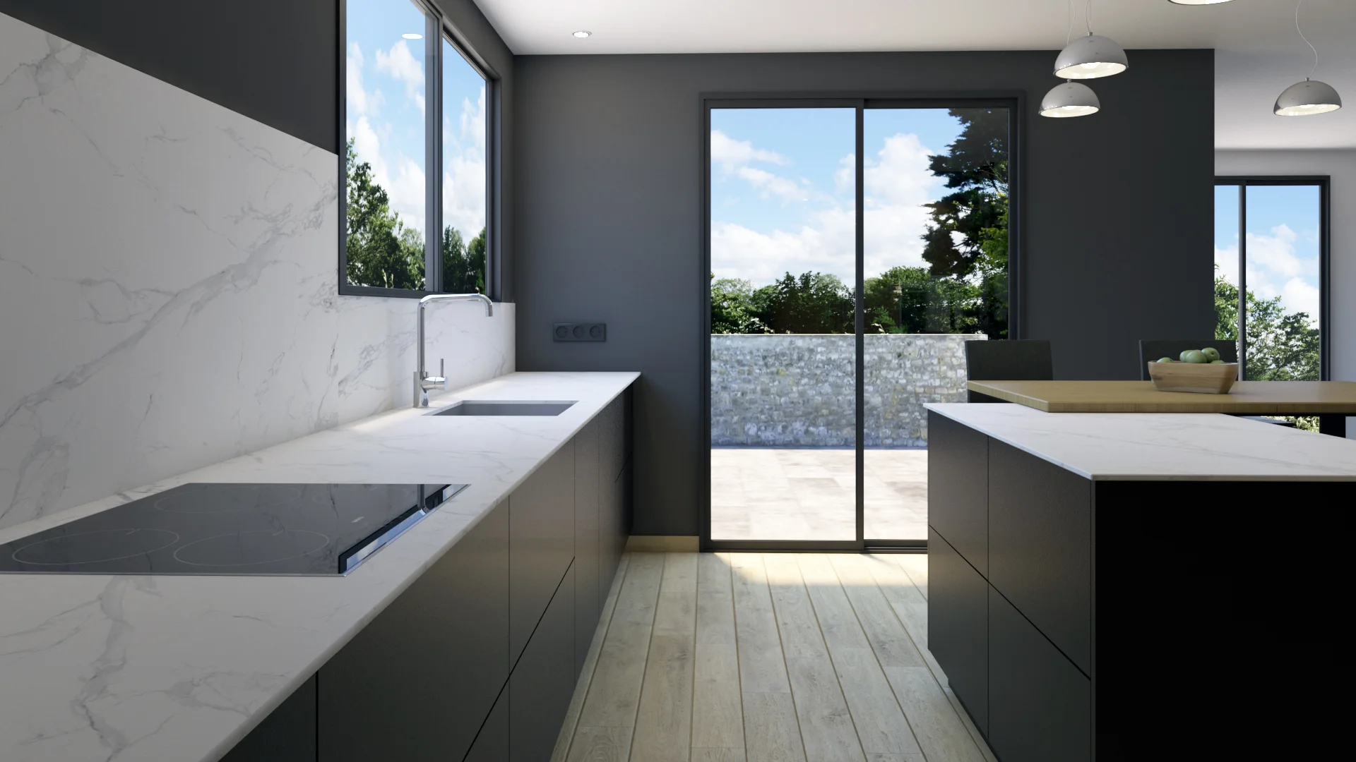 Cuisine moderne avec plan de travail en marbre blanc, façades grises, plaques de cuisson à induction et grande baie vitrée donnant sur un jardin