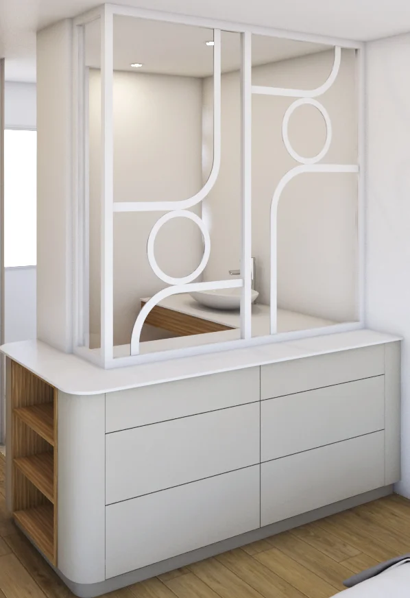 Meuble sur-mesure blanc avec miroir décoratif à motifs géométriques circulaires et niche en bois intégrée